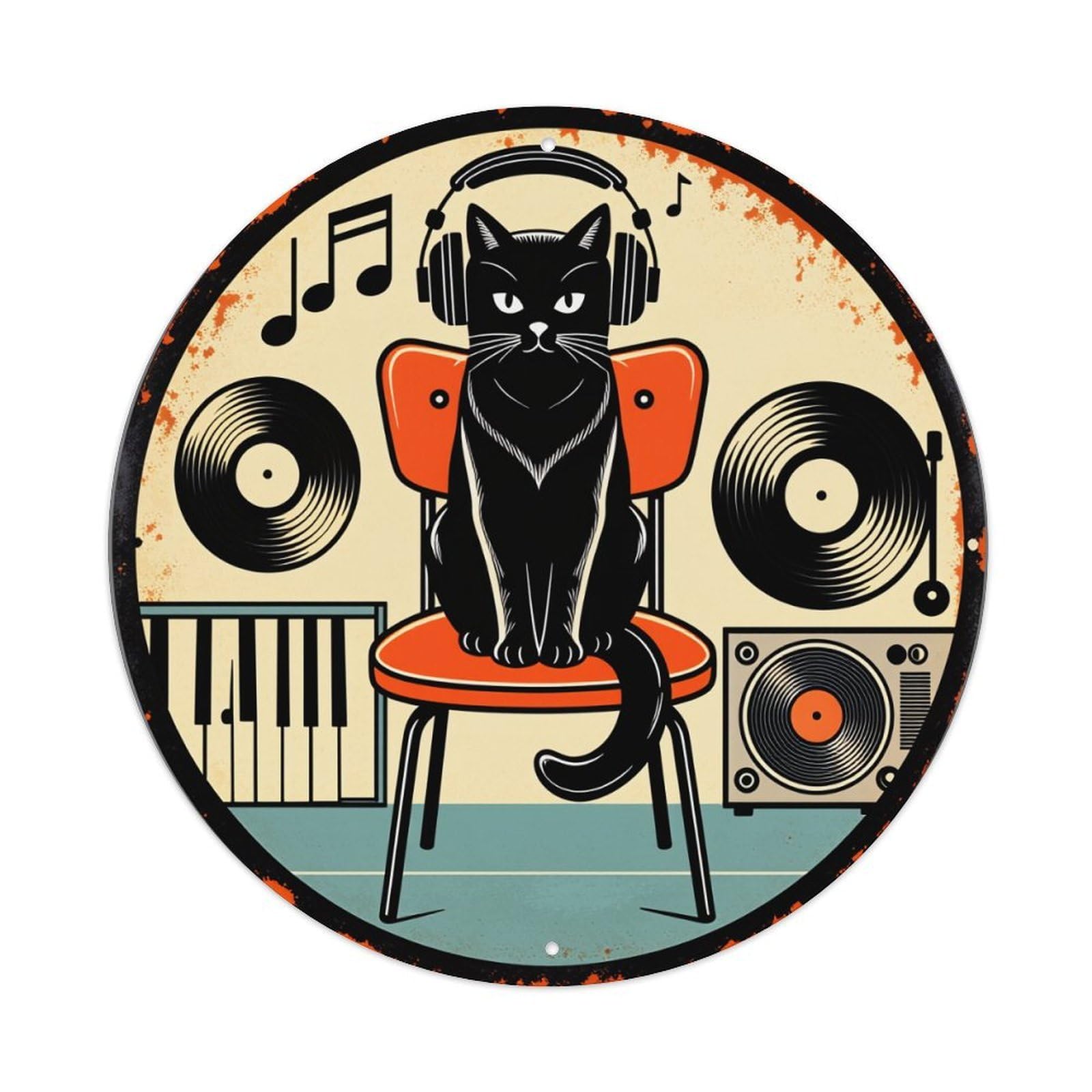Cat With Headphones Vinyl Records Piano Speaker Round Tin Sign Vintage Metal Poster Retro Bar, Home, Man Cave, Kitchen, Laundry Room Wall Art Decor Gift 8x8Inch