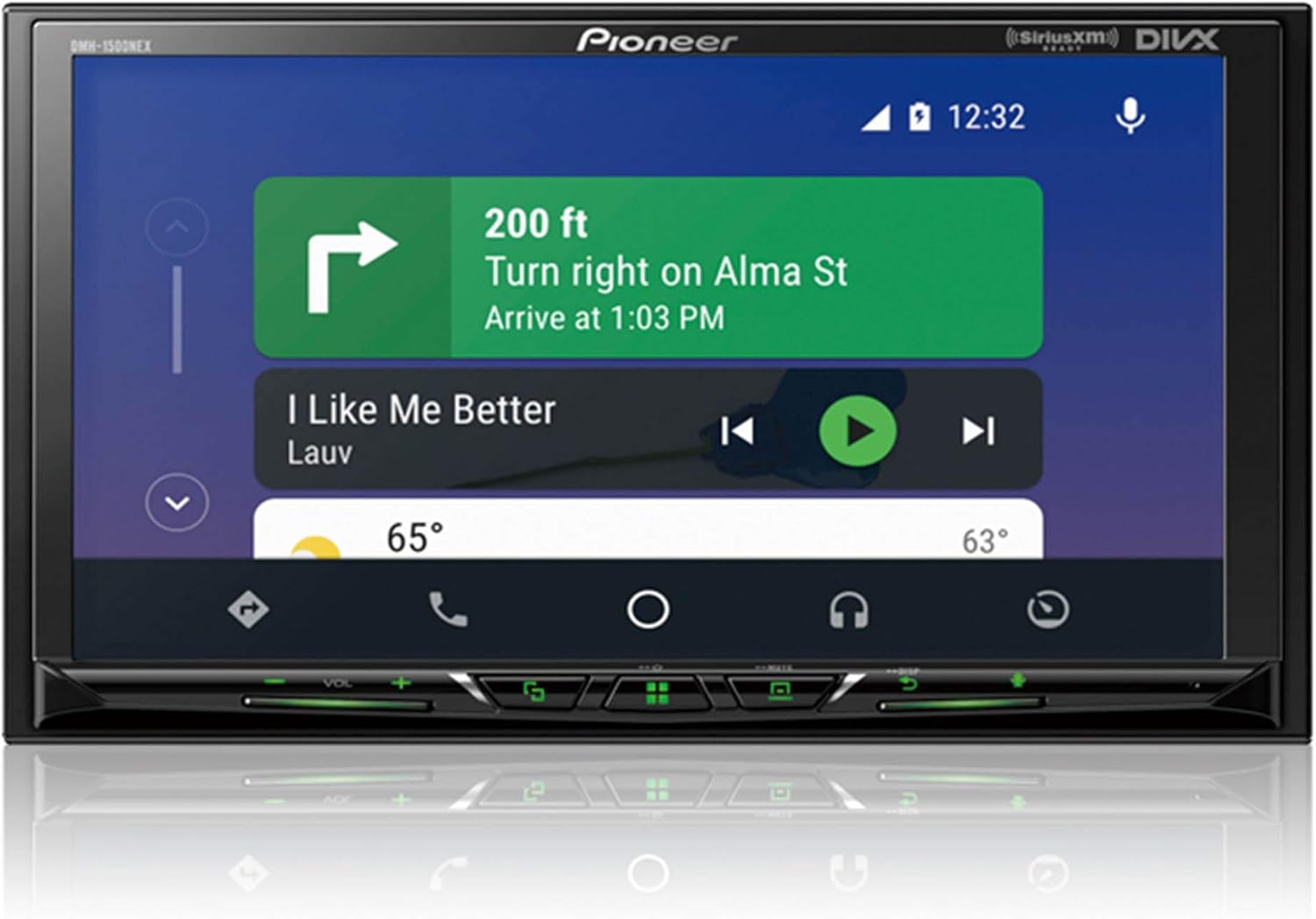 Pioneer DMH-1500NEX Digital Media Receiver displaying a navigation map with turn-by-turn directions and current weather information.