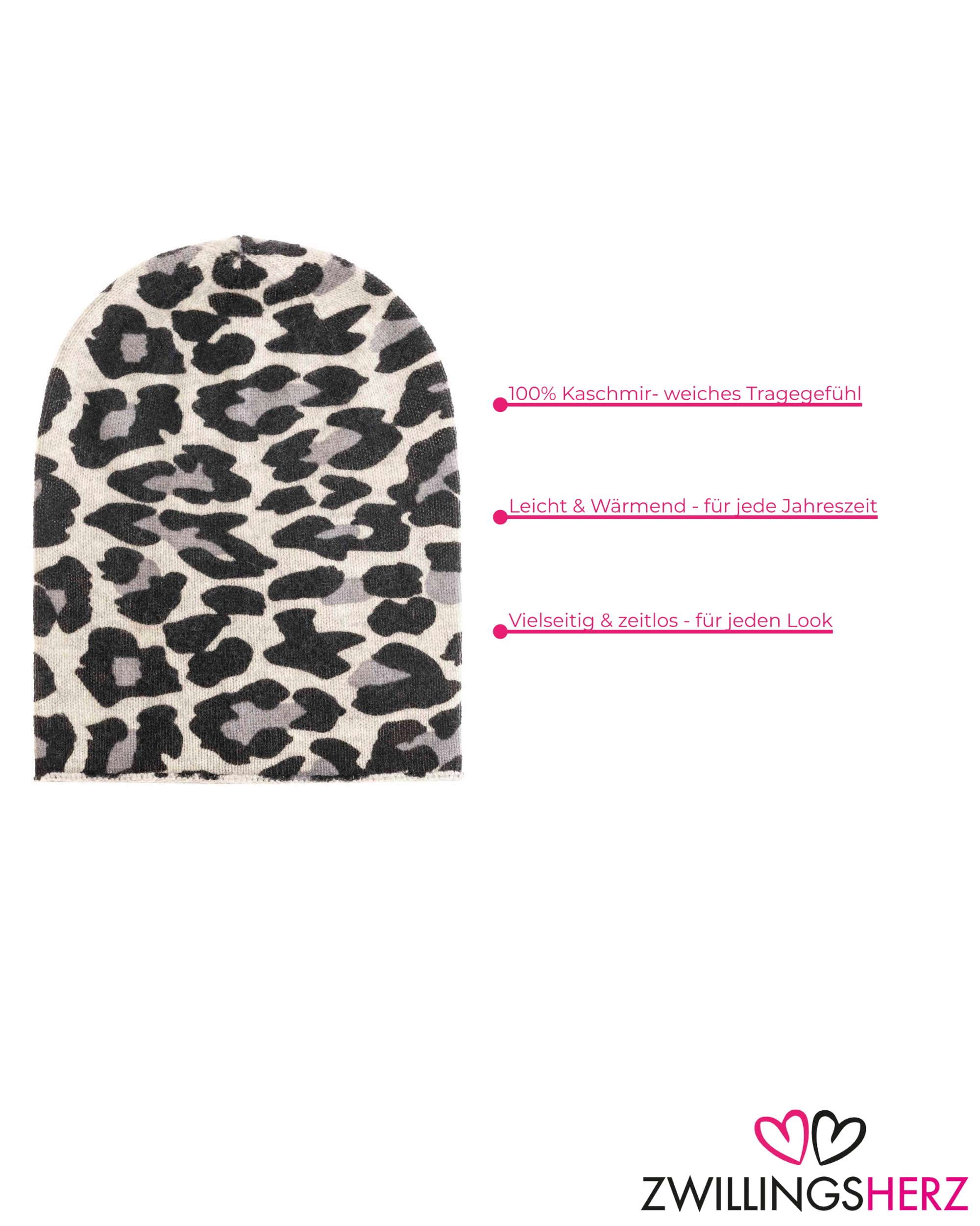 Zwillingsherz 100% Kaschmir Umschlag-Mütze mit Leo-Muster – Strickmütze – Hochwertige Wintermütze One Size – Weiche & warme Beanie für Damen – Premium Qualität für Herbst, Winter & Frühling