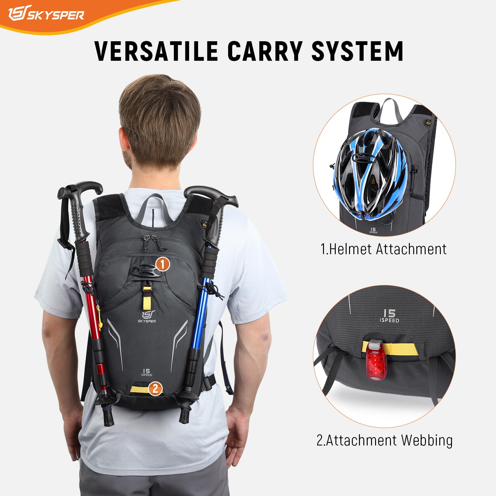 SKYSPER Kleiner Rucksack 15L Ski Rucksack Leichter Wanderrucksack & Fahrradrucksack für Damen und Herren Tagesrucksack Skirucksack Radfahren Wandern Outdoor Reisen