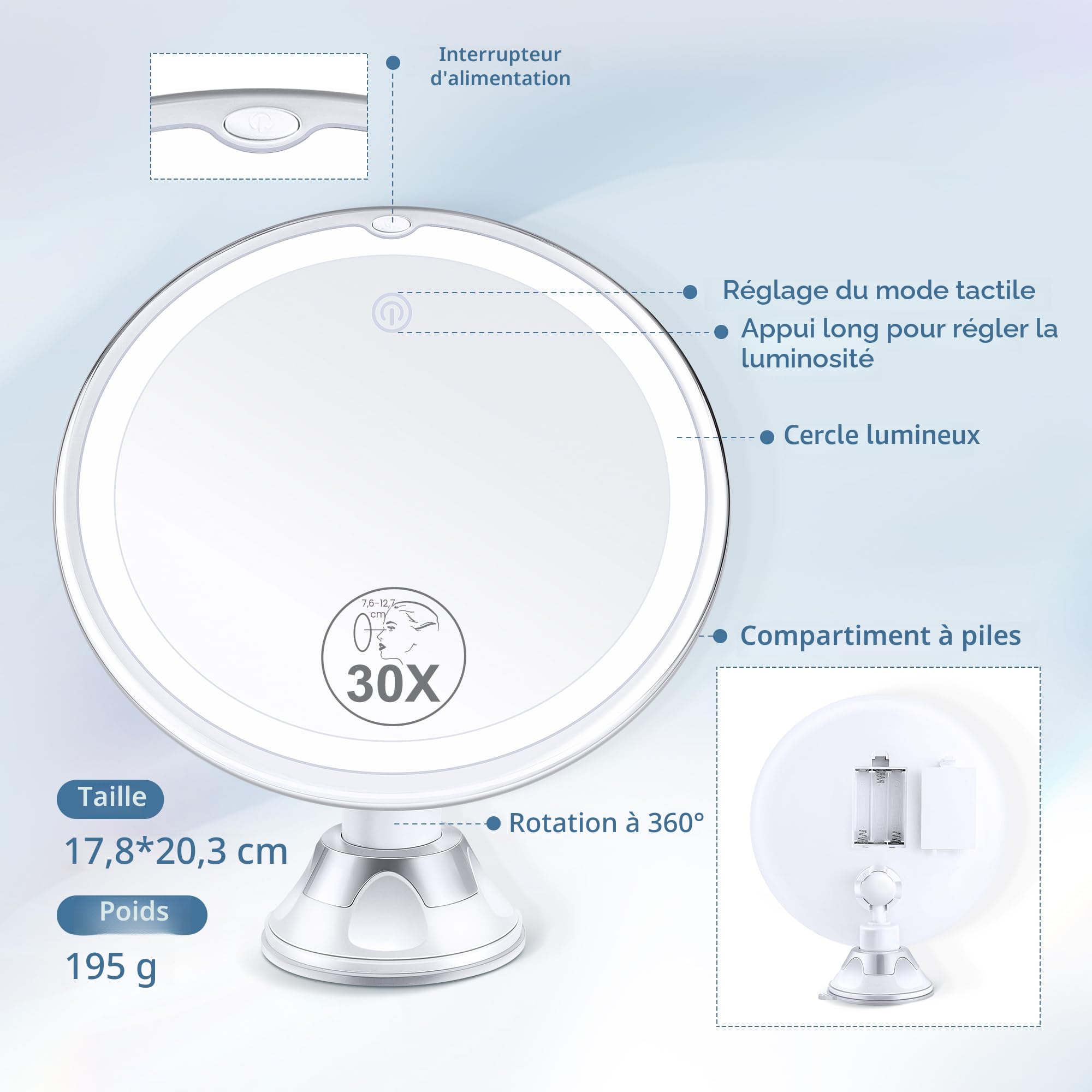 MIYADIVA Miroir Grossissant avec Lumière 30X, Miroir de Salle de Bain à Ventouse, 3 Modes de Couleurs et Luminosité Ajustable, Mirror pour Salle de Bain Mural Aucun Perçage Nécessaire de 20cm