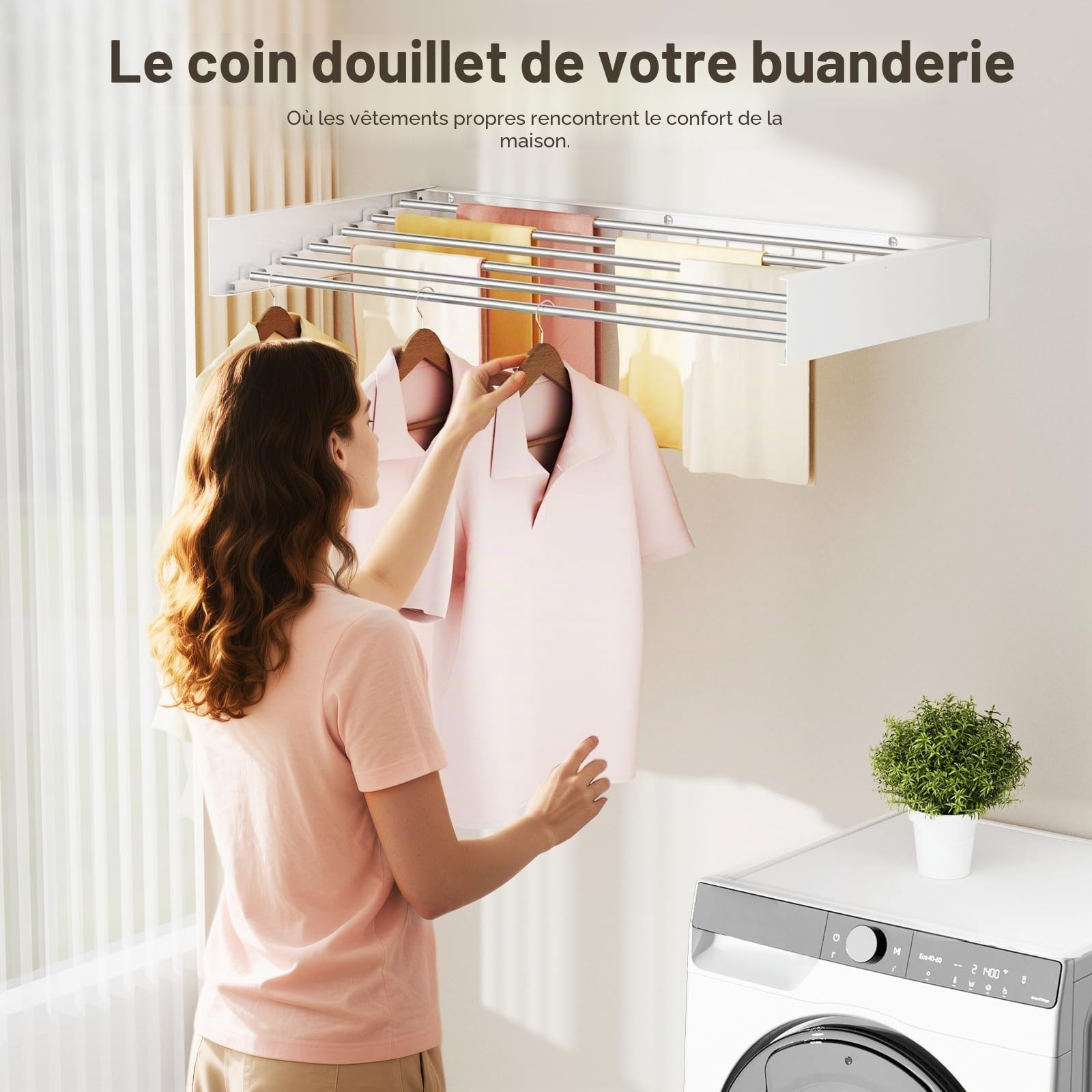 étendoir Mural Pliable pour vêtements, séchoir à Linge Rabattable Invisible, Gain de Place, rétractable pour Serviettes, avec gabarit de Fixation (6 Barres de séchage, Blanc 100 cm)