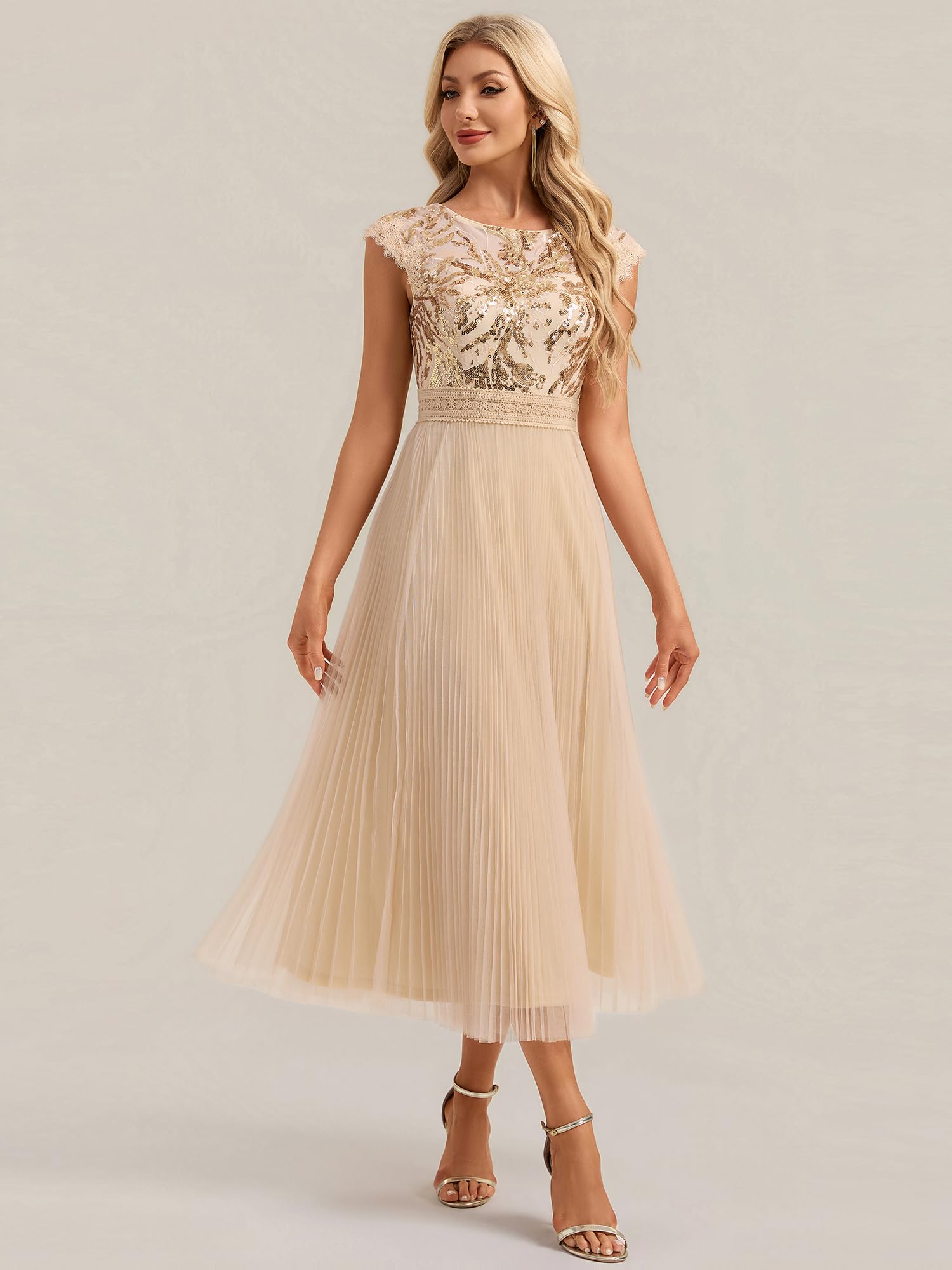 Ever-Pretty Robes d'invité de Mariage Col Ronde Manches Courtes Paillette Midi EG02769