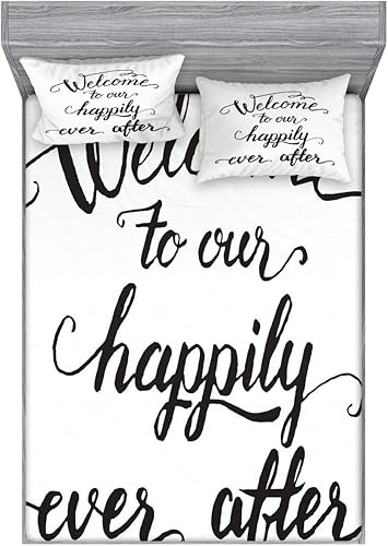 Ambesonne Saying Fitted Sheet & Pillow Sham Set, Vintage Fountain Pen Lettering Wedding Welcome to Our Happily Ever After, Decorative Printed 3