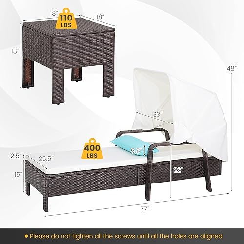 Miniatura 6 de Tangkula Juego de tumbona y mesa para exteriores con toldo plegable y reposabrazos, silla reclinable de ratán para patio con respaldo ajustable de 6