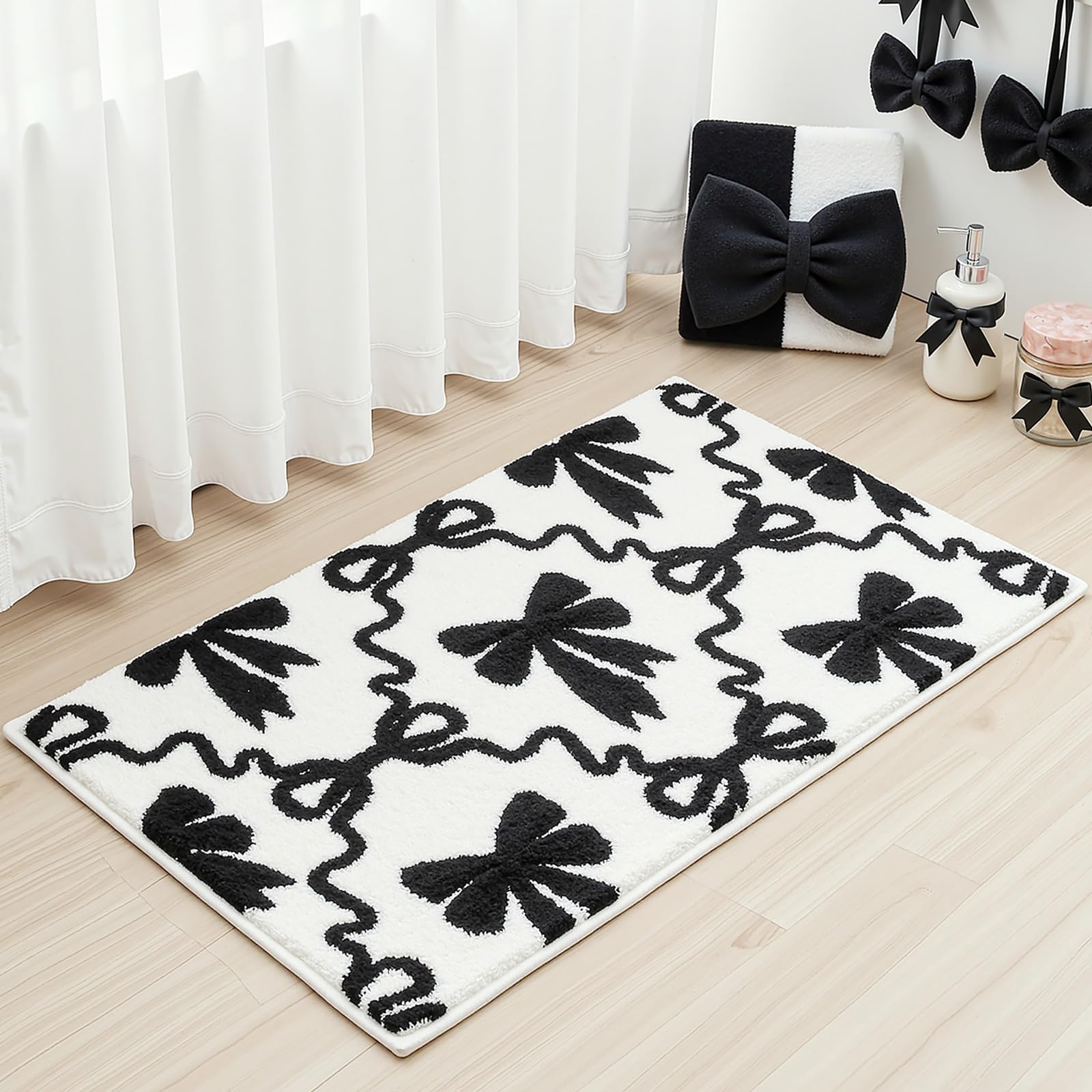Lindameler Black Bow Bathroom Rugs Coquette Cute Bath Mat Non Slip Absorbent Bow Bath Mat Washable 20x32 inch Black Bathroom Mats for Front Door,