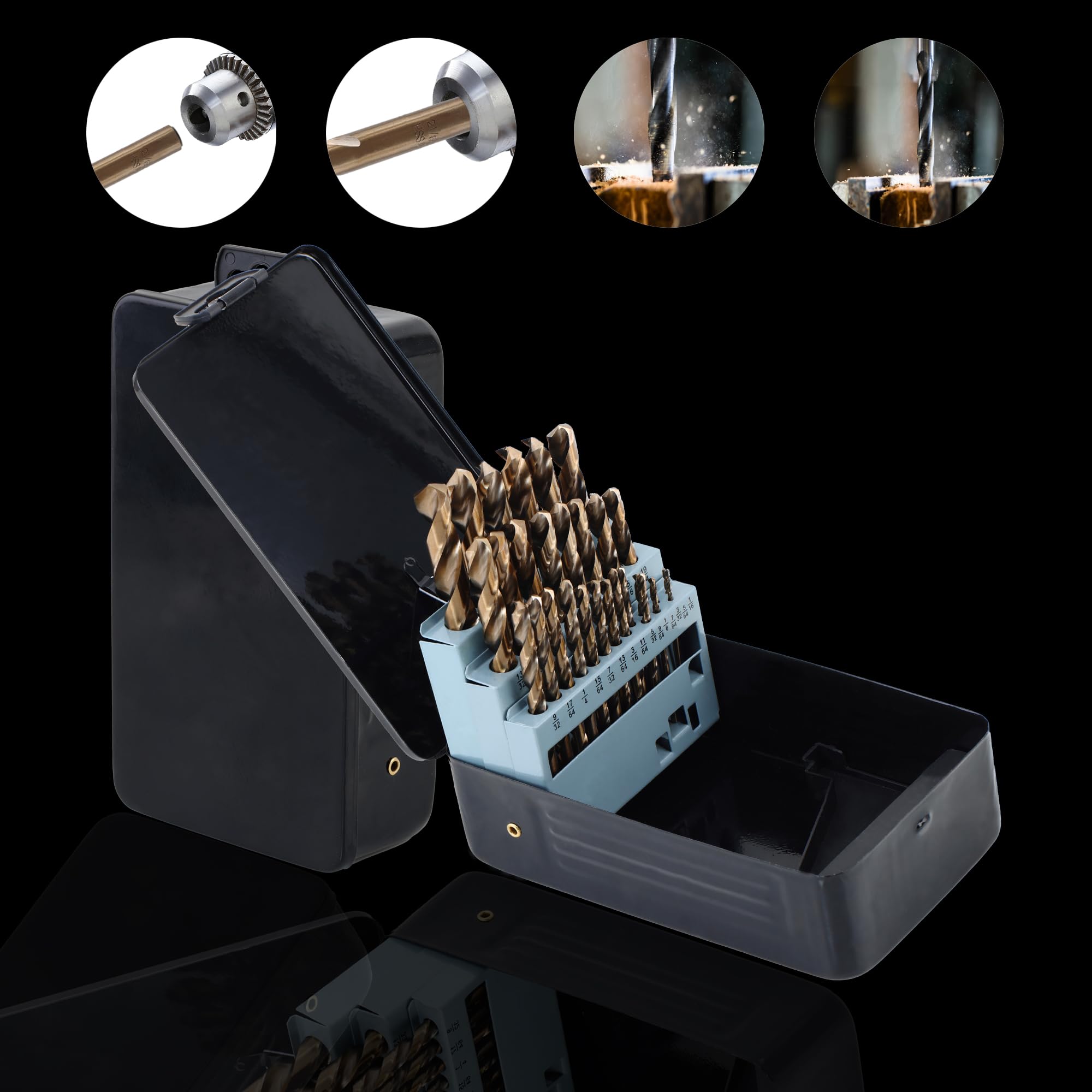 Juego de 29 brocas de cobalto M35 de 1/16 a 1/2 pulgadas, punta HSS de 135 grados con estuche de almacenamiento, kit de brocas helicoidales para hierro fundido, metal duro, acero inoxidable, plástico
