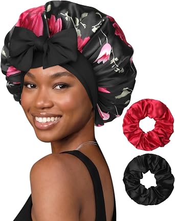 Reversible Satin Bonnet for Sleeping Women Double Layer Hair Bonnet with 2PCS Hair Scrunchies Elastic Tie Band Night Cap
