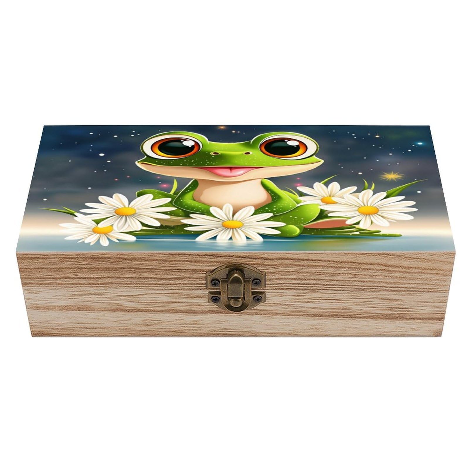 asbwuo Cute Cartoon Frog Daisies Vintage Wooden Keepsake Box