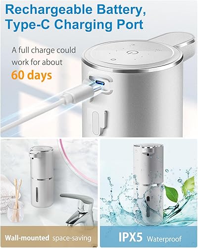 Miniatura 5 de Gotofine Dispensador automático de jabón espumoso, espuma ajustable de 4 niveles, dispensador de jabón de montaje en pared, recargable por USB, 12.8