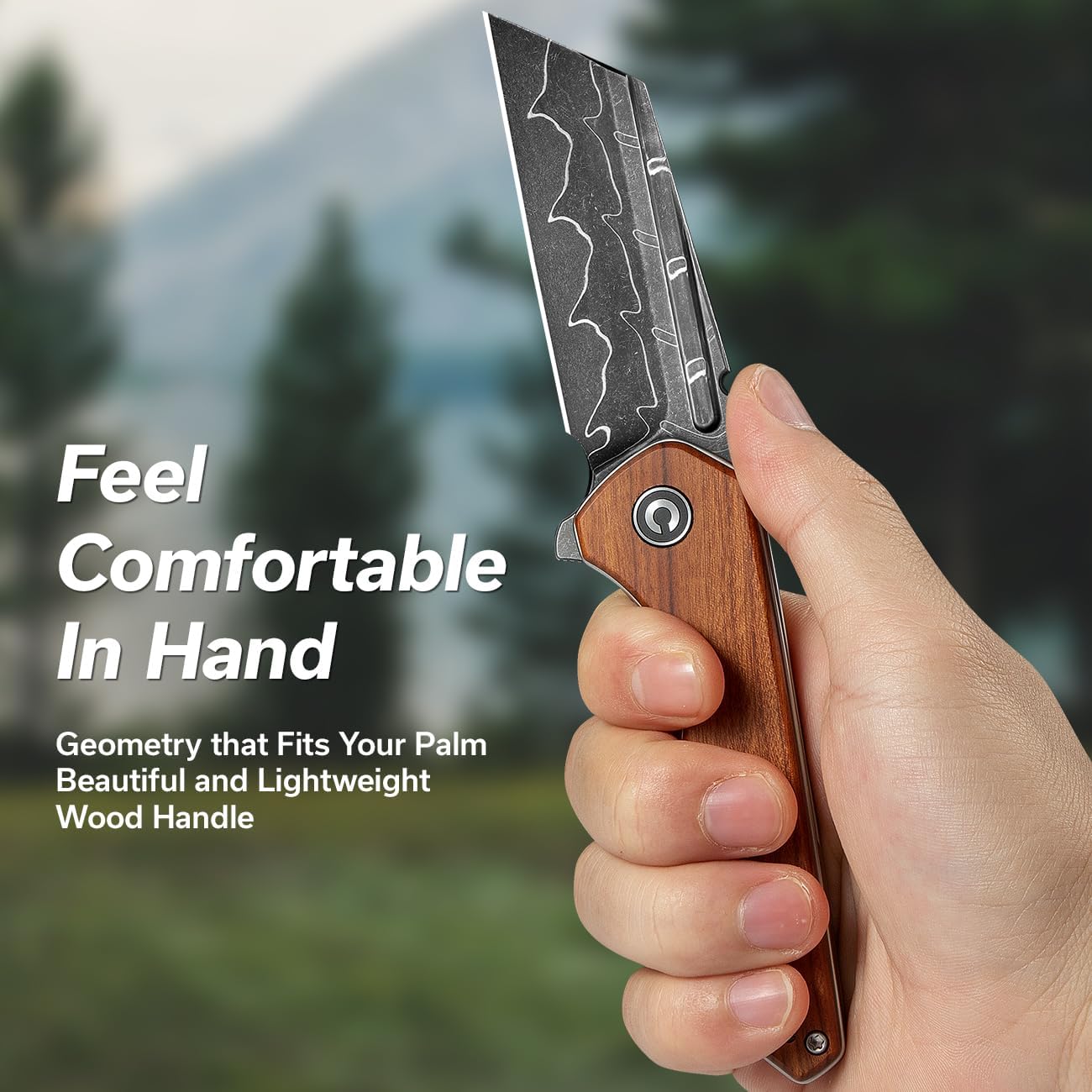 CIVIVI Pocket Knife for Men, ExOne Folding Knife with Flipper, 2.94" Damascus Blade Wood Handle for Perfect EDC Gift C23036-DS1
