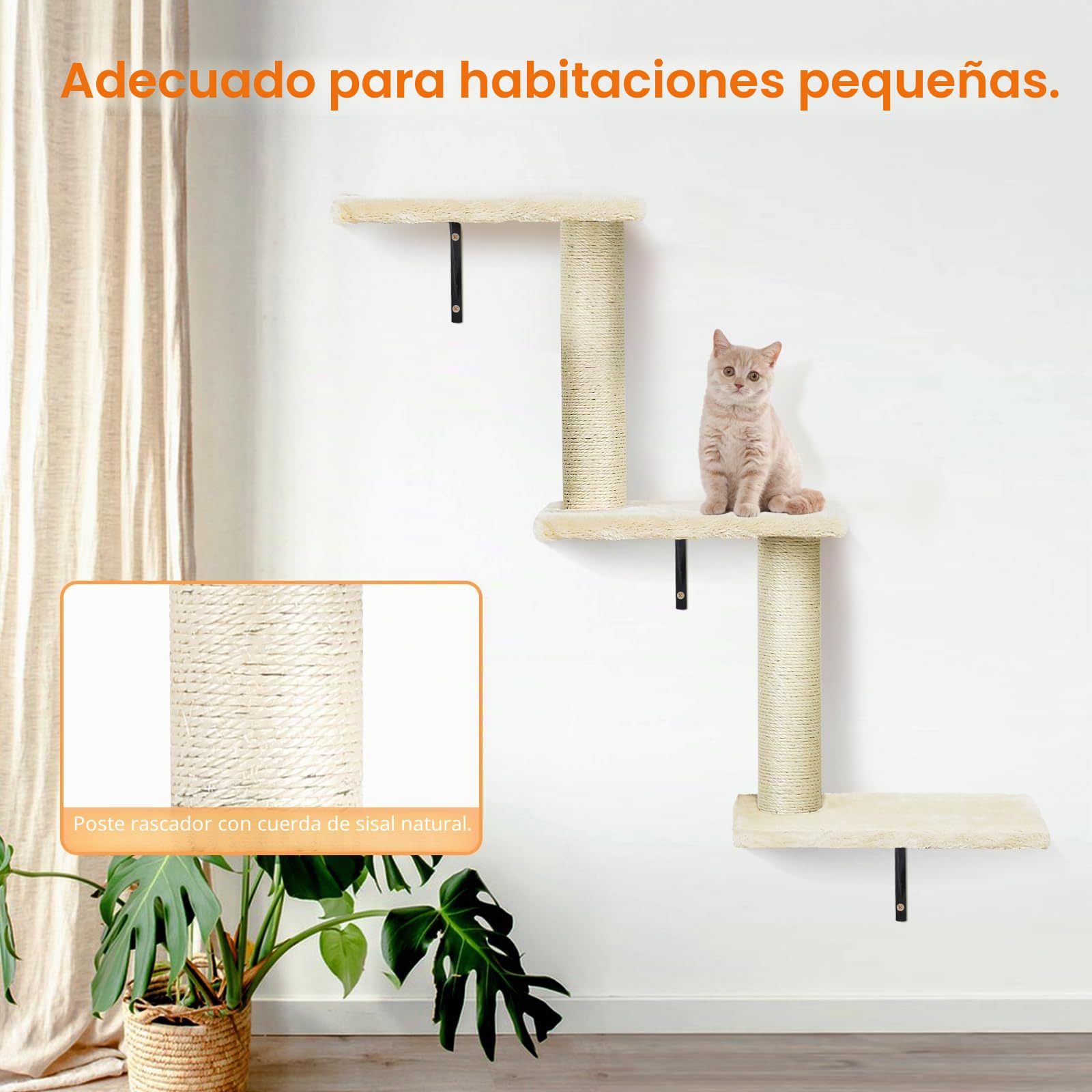 Juego de pared de escalada para gatos con hamaca, cueva para gatos, puente para gatos, tabla para rascar y árbol rascador, 4 piezas de madera para gatos Catwalk (beige)