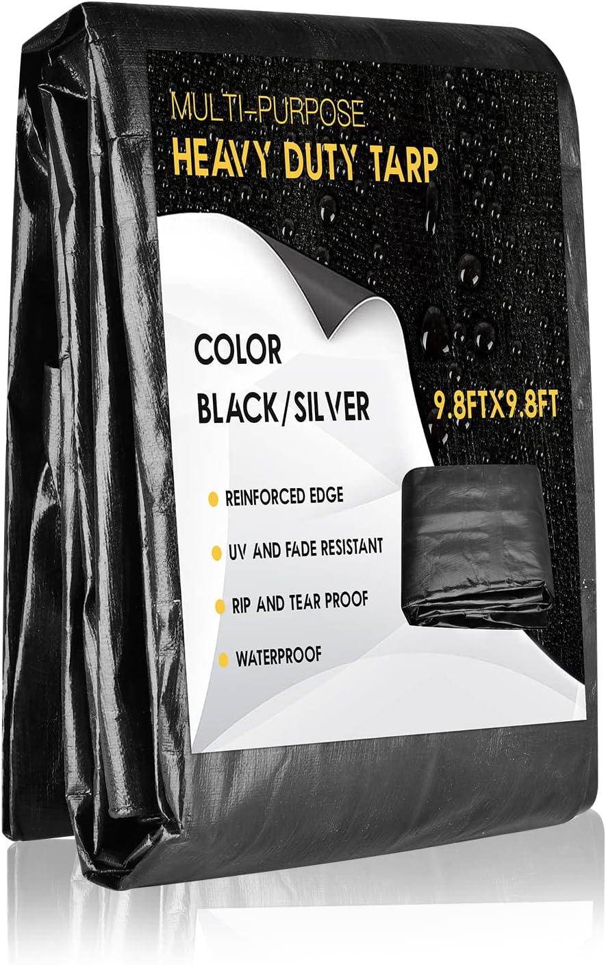 9 * 9FT Black Tarps with Grommets, Heavy Duty Plastic Tarps, Durable