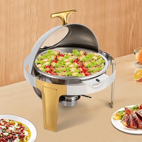 Miniatura 2 de Juego de platos de bufé con tapa enrollable, acento dorado, juego de servidores y calentadores de bufé, bandeja de calentamiento, 6.3 cuartos de