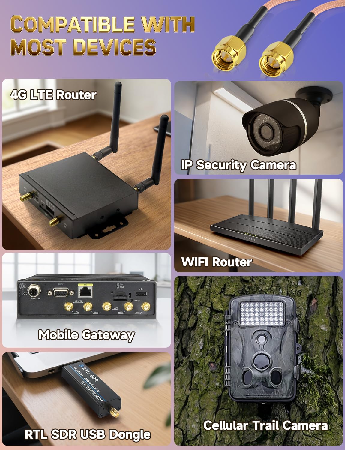 Superbat Kabel SMA 1 m 2 sztuki – przedłużacz anteny Wi-Fi, 50 omów, podwójne ekranowanie, kabel antenowy, wtyczka SMA na wtyczkę do routera 4G LTE WiFi, bramka, telefon komórkowy, SDR, odbiornik