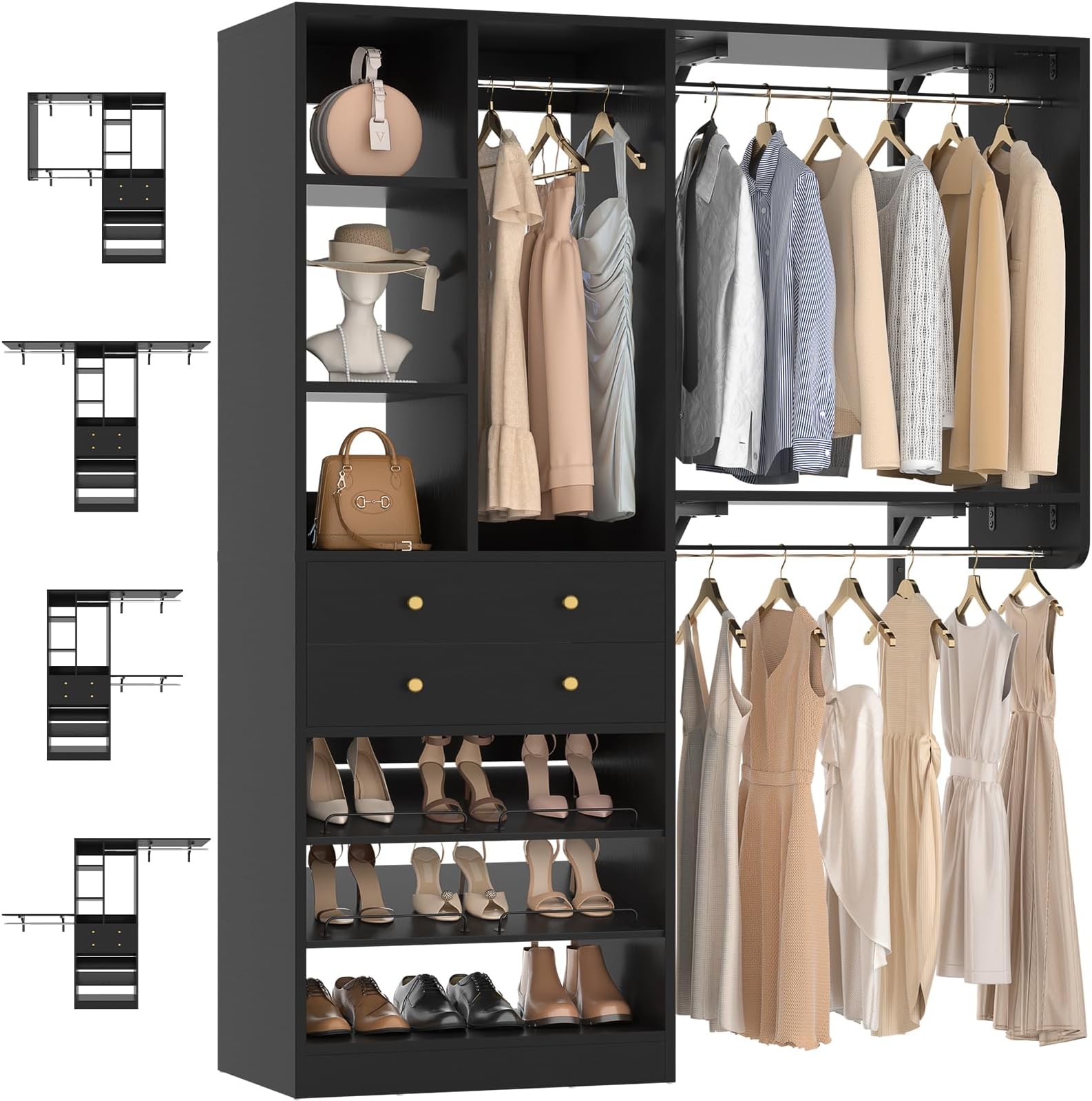 Besiost Closet System - 60"/92" Closet System with Drawers, 5FT/7.67FT Closet Organizer System with Reversible Hanging Shelving and Hanging Rods, for Small/Walk-in Closets, Black