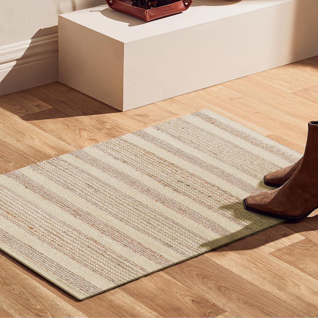 Photo 1 of *********DIRTY******CottonCove Area Rug Farmhouse 2x3 Feet - Hand Woven Jute Cotton Rug Bohemian Rustic Vintage - Non Slip Floor Rug for Bedroom Living Room Kitchen Dorm Entryway Hallway - Area Rug Natural