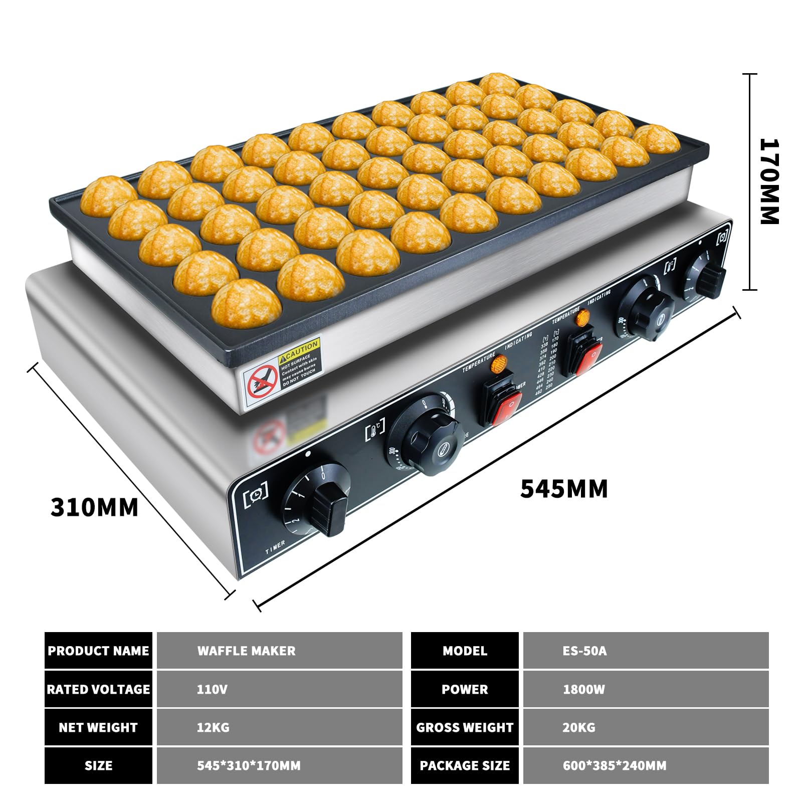 Mini panqueques holandés, 50 wafleras grandes comerciales, máquina eléctrica para hacer crepas, máquina eléctrica antiadherente redonda con 2 termostatos y 2 temporizadores de control separado 2