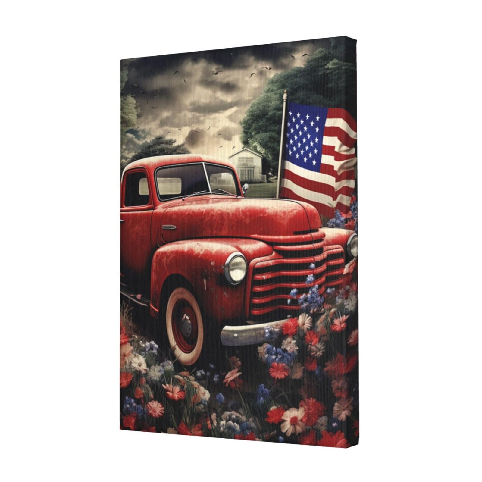KLOPH 4th Of July Patriotic Old Red Truck Canvas Wall Art for Living Room 12"x18" Modern Artwork Painting for Bathroom Hanging Canvas Prints Aesthetic Wallart for Bedroom Kitchen Office Wall Decor