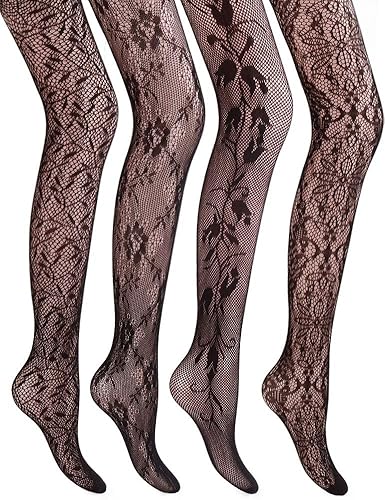 VERO MONTE Women Patterned Fishnet Tights Black Fishnets Net Stockings Pantyhose - One Size - Floral Knit Patterned, Black, 4 Pairs 4 Styles