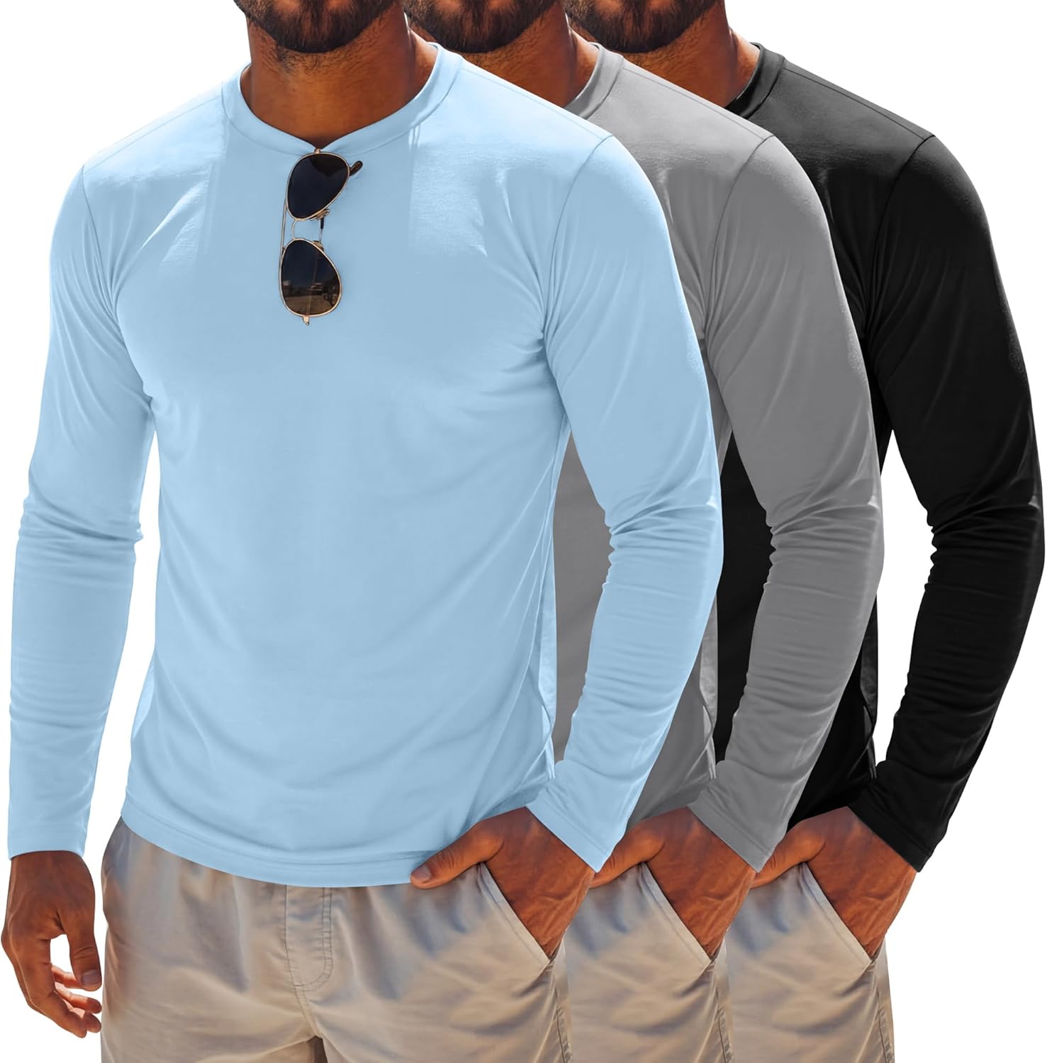 August Alley 3 Pack Men's UPF 50+ Swim Shirts Long Sleeve Quick Dry Rash Guard UV Sun Protection Water Fishing Running Shirt
