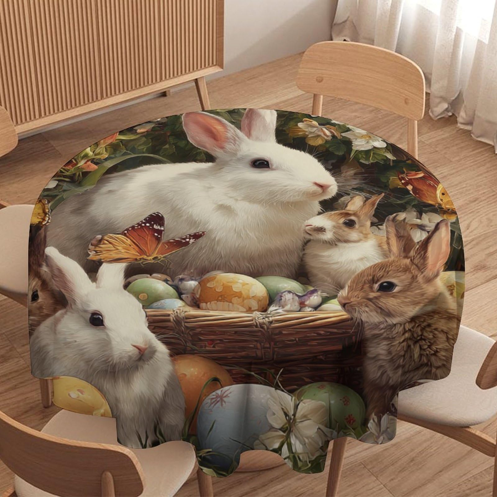 LUYYSKY Classic Cute Easter Rabbits Waterproof Round Tablecloth Rustic Watercolor Colorful Eggs Animals Bunny Butterflies Floral Washable Table Cover for Kitchen-127 Wx127 L cm