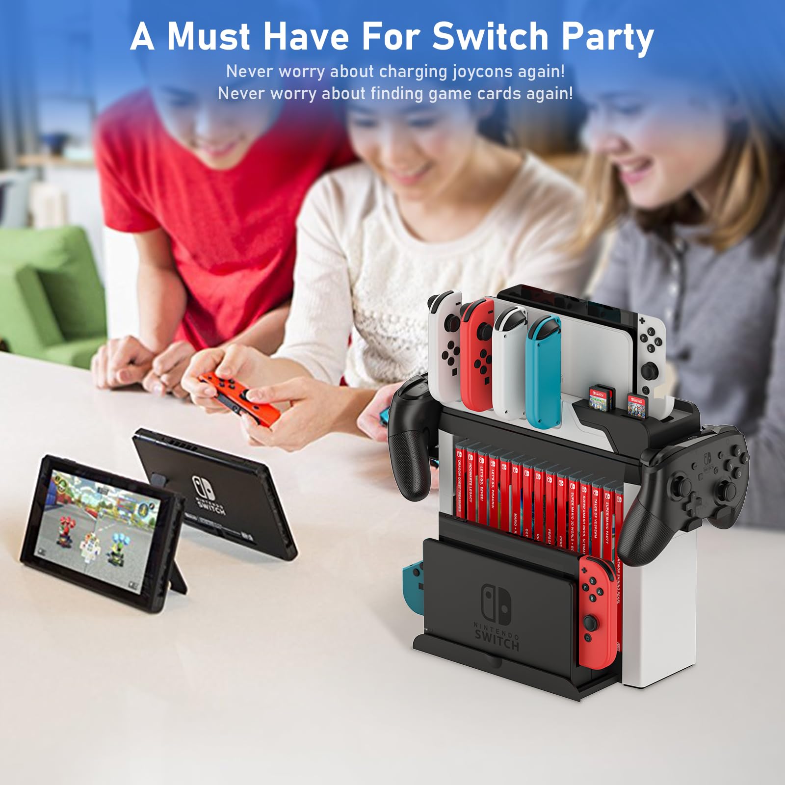 Switch Game Storage con controller Charger per Nintendo Switch e modello OLED, MLIFEMFUL Switch Charging Dock carica 6 Joycon, Switch Gaming Accessories Holder Desk, Switch Game Gift Card Organizer