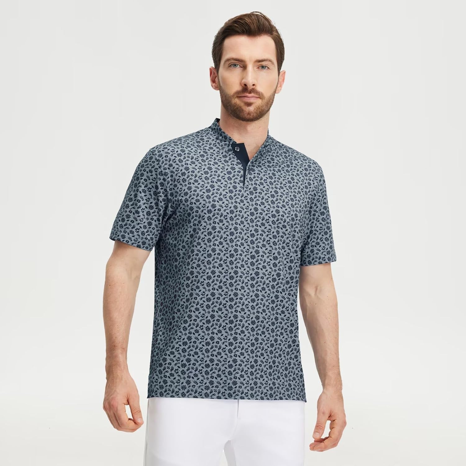 M MAELREG Golf Shirts for Men Collarless Performance Dry Fit Stretch Henley Casual Printed Mens Polo Shirts Short Sleeve