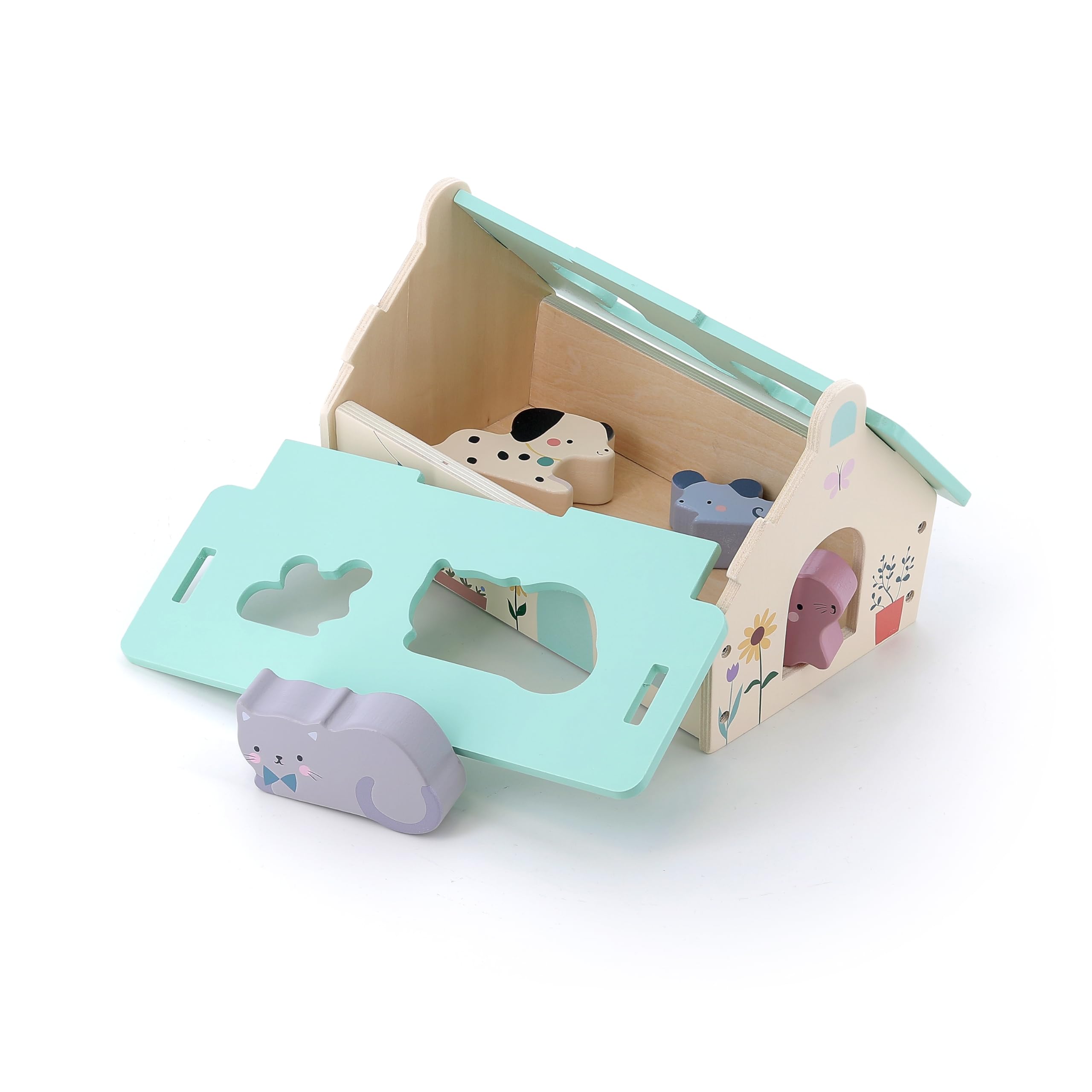 VILAC - Mini Bauernhof der Formen – Sarah Betz – Spielzeug für Kleinkinder – 1 Box mit hausgemachten Formen + 4 Tiere aus Holz: Hund, Kaninchen, Katze und Maus. – Erlebnisspiele – ab 2 Jahren – 7119