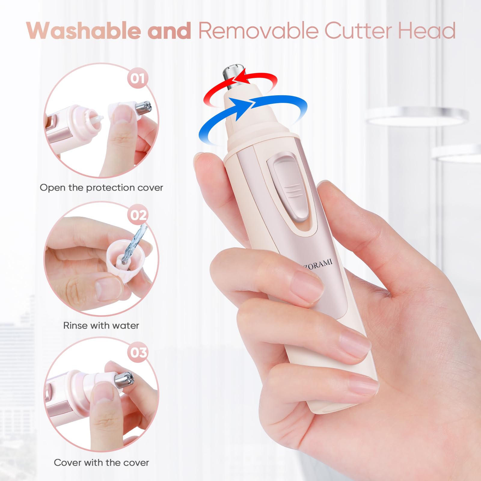 Ear and Nose Hair Trimmer Clipper - 2026 Professional Painless Eyebrow & Facial Hair Trimmer for Men Women, Battery-Operated Trimmer with IPX7 Waterproof, Dual Edge Blades for Easy Cleansing Rose Pink — Amazon image 5
