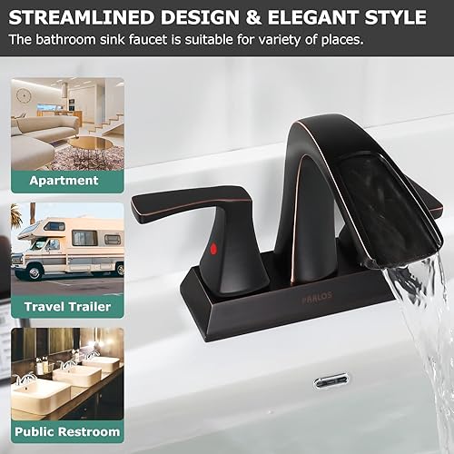 Miniatura 4 de PARLOS Grifo de baño con 2 manijas de cascada con drenaje emergente de metal y líneas de suministro de grifo, bronce aceitado, Doris 14069