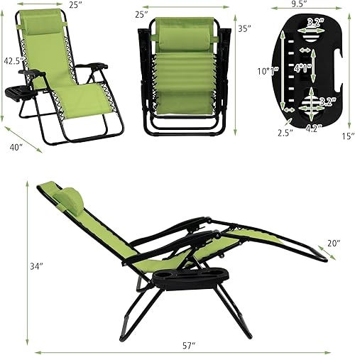 Miniatura 3 de Tangkula Juego de 2 sillas de gravedad cero, silla plegable para patio, reclinable, ajustable, con soporte para tazas, reposabrazos anchos para