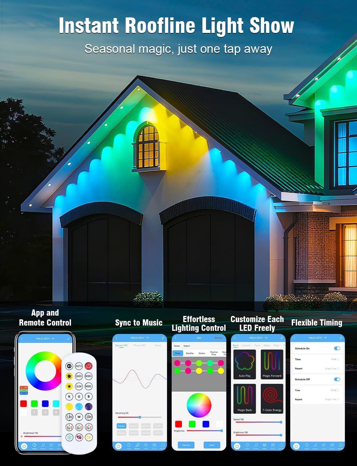 Permanent Outdoor Lights 150FT RGBIC LED Smart LED Light, App/Remote Control IP68 Waterproof for Holiday Decor, 50 Scene Modes, DIY Lights Color Lighting Timing for Christmas Halloween Party