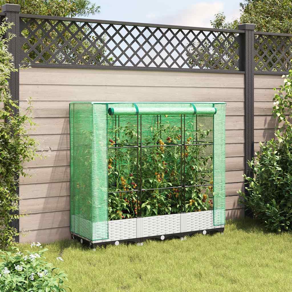 Jardinera con accesorio de invernadero en aspecto de ratán 120 x 40 x 123 cm, marco de hierro estable, cubierta impermeable, ideal para jardín, balcón, terraza, versátil como maceta y