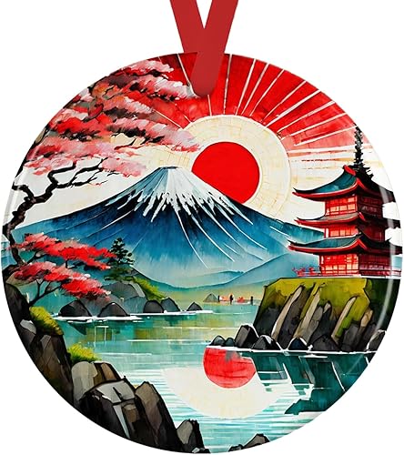 Handmade 2023 Japan Watercolor Ceramic Christmas Ornament, Ideal Travel Vacation Souvenir Keepsake, with Red Satin Ribbon