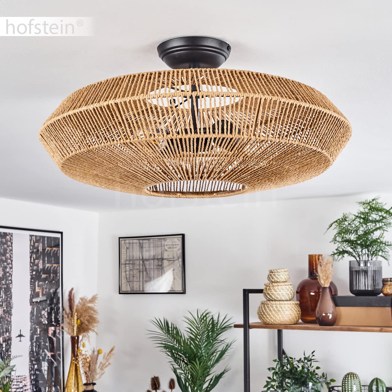 Lampada da soffitto Cassano, lampada da soffitto moderna in metallo/rattan in nero/natura, lampada dal design moderno con effetto luce, ø51,5 cm, 1 luce, 1 x E27, senza lampadina/e