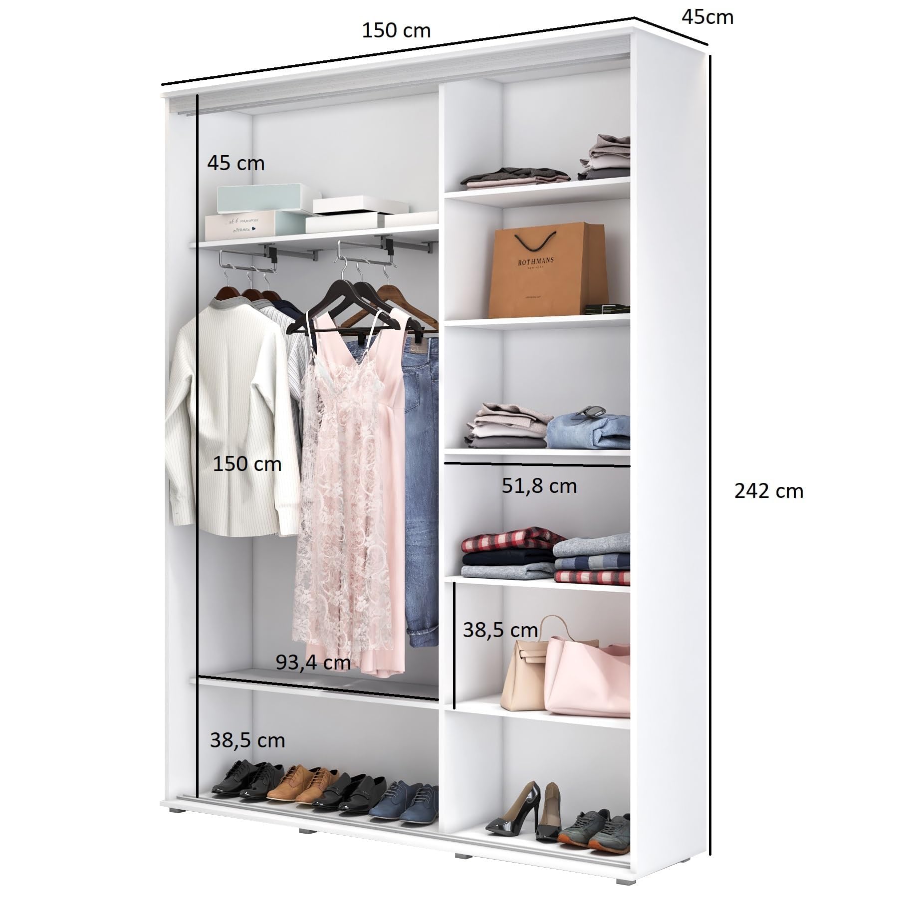 ZUZA 2 Garderobenschrank - Kleiderschrank mit Spiegel und Schiebetüren - 150x242x45cm - Kleiderstange Schrank - für Schlafzimmer, Flur - Holzwerkstoff, Kaschmir