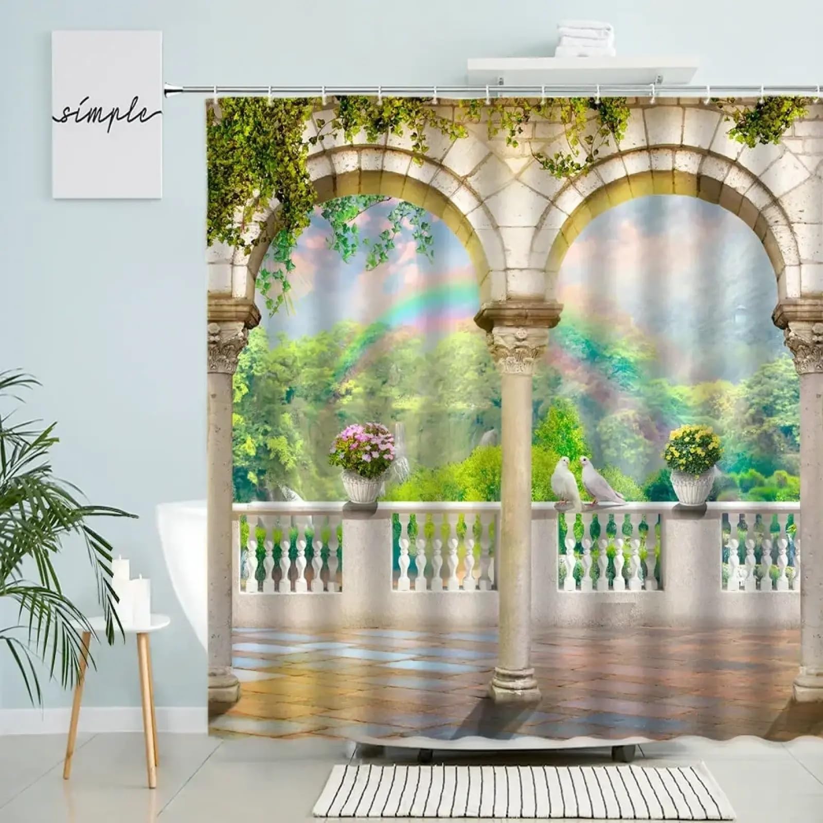 Rideau de douche anti-éclaboussures grand format cascade et plantes 150x203cm