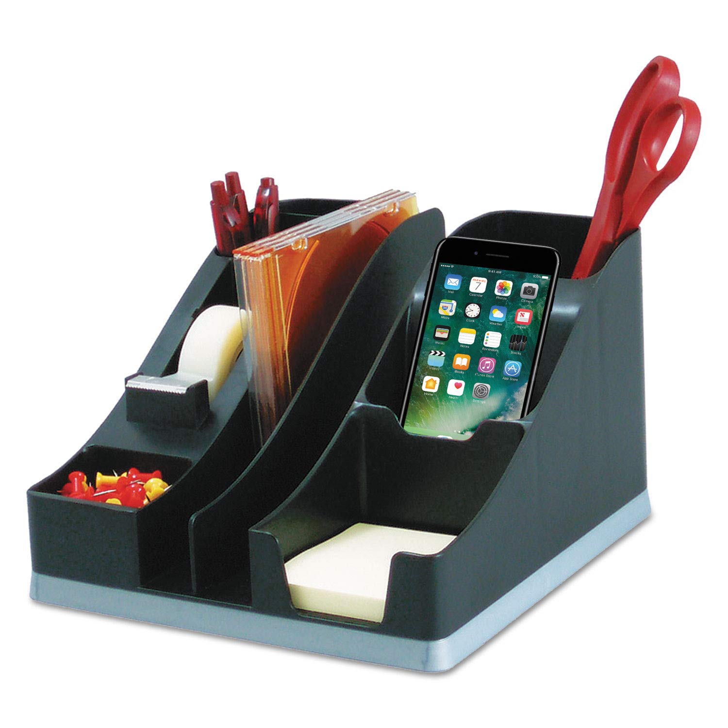 Deflto Silhouettes All-In-One Desk Caddy Forniture per Ufficio Caddy Nero con Base Argento, 20,8 cm L x 15,8 cm H x 22,5 cm D (35172)