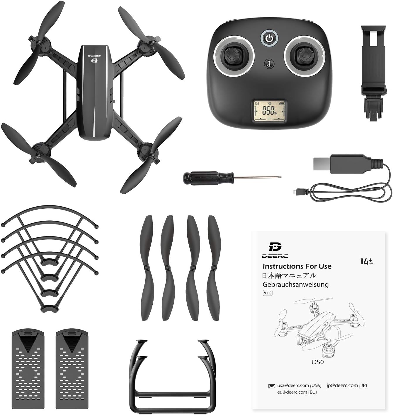 All components included with the DEERC D50 drone