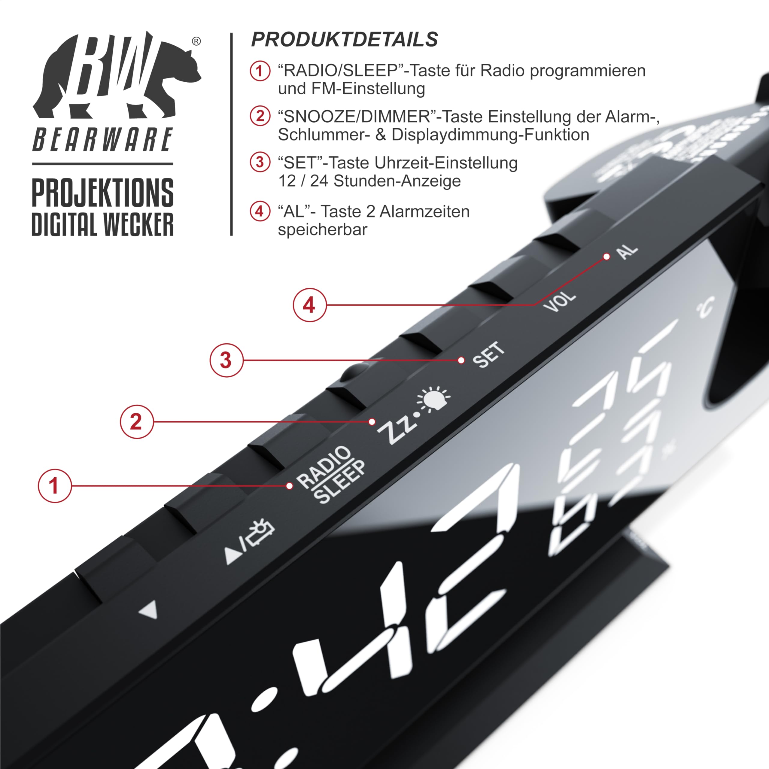 CSL - Wecker Digital Radiowecker mit 3 Stufen Bildschirmhelligkeit, Projektionswecker mit Temperatur- und Luftfeuchtigkeitsanzeige, Dual-Alarm 12 / 24h USB-Anschluss