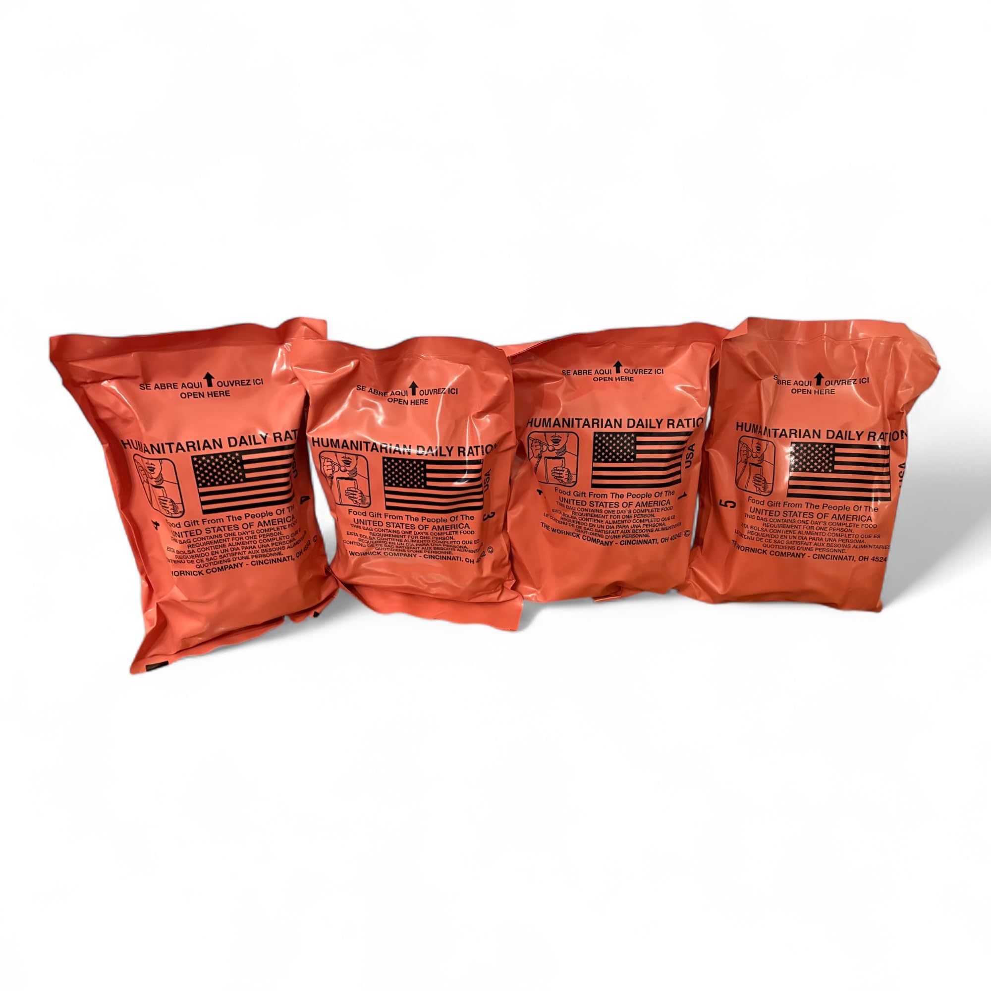 MRE HUMANITARIAN DAILY RATION HDR - 4 PACK RANDOM MENU - US FEMA Emergency rations MRE Varieties - Low Sodium Pre cooked w/Entree, Side Dishes for Hunting, Camping - Inspection date of 2025 or Newer