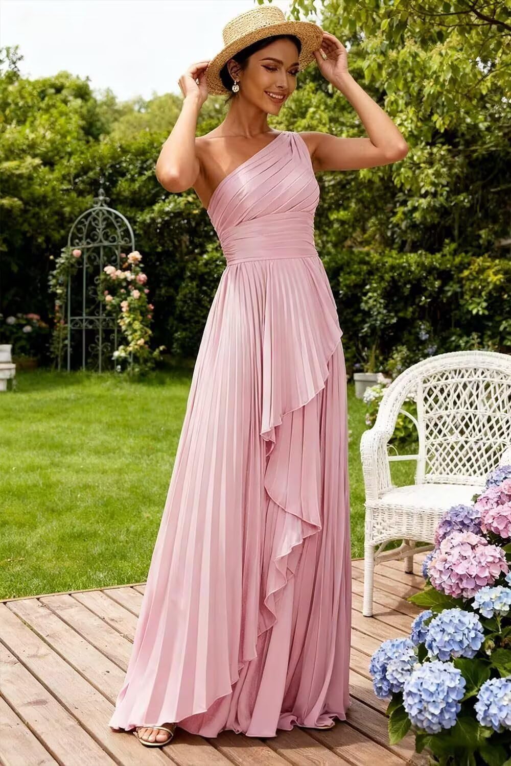 One Shoulder Prom Dresses with Slit Sleeveless Pleated Ruched Party Dress A-Line Silk Satin Evening Gowns - Image 7