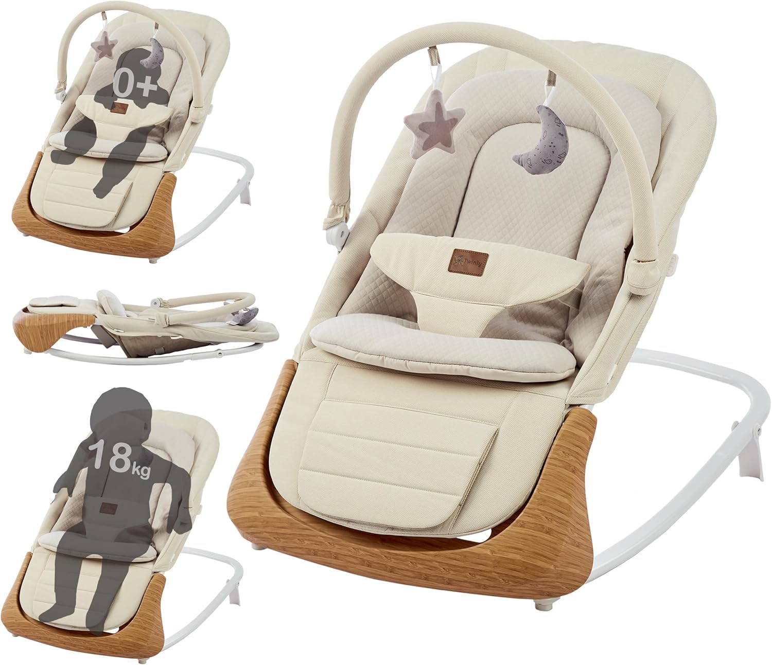 Twinly – Hamaca Bebé Evolutiva CUDDLY con Detección de Llanto y Vibración Automática | Columpio y Mecedora Ergonómica Plegable, Balanceo Recién Nacido 0+ m hasta 18 kg
