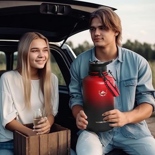 Miniatura 7 de NATURE PIONEOR Botellas de agua aisladas con mango de paracaídas, 24324064 onzas, botella de agua deportiva de boca ancha con 3 tapas, de acero