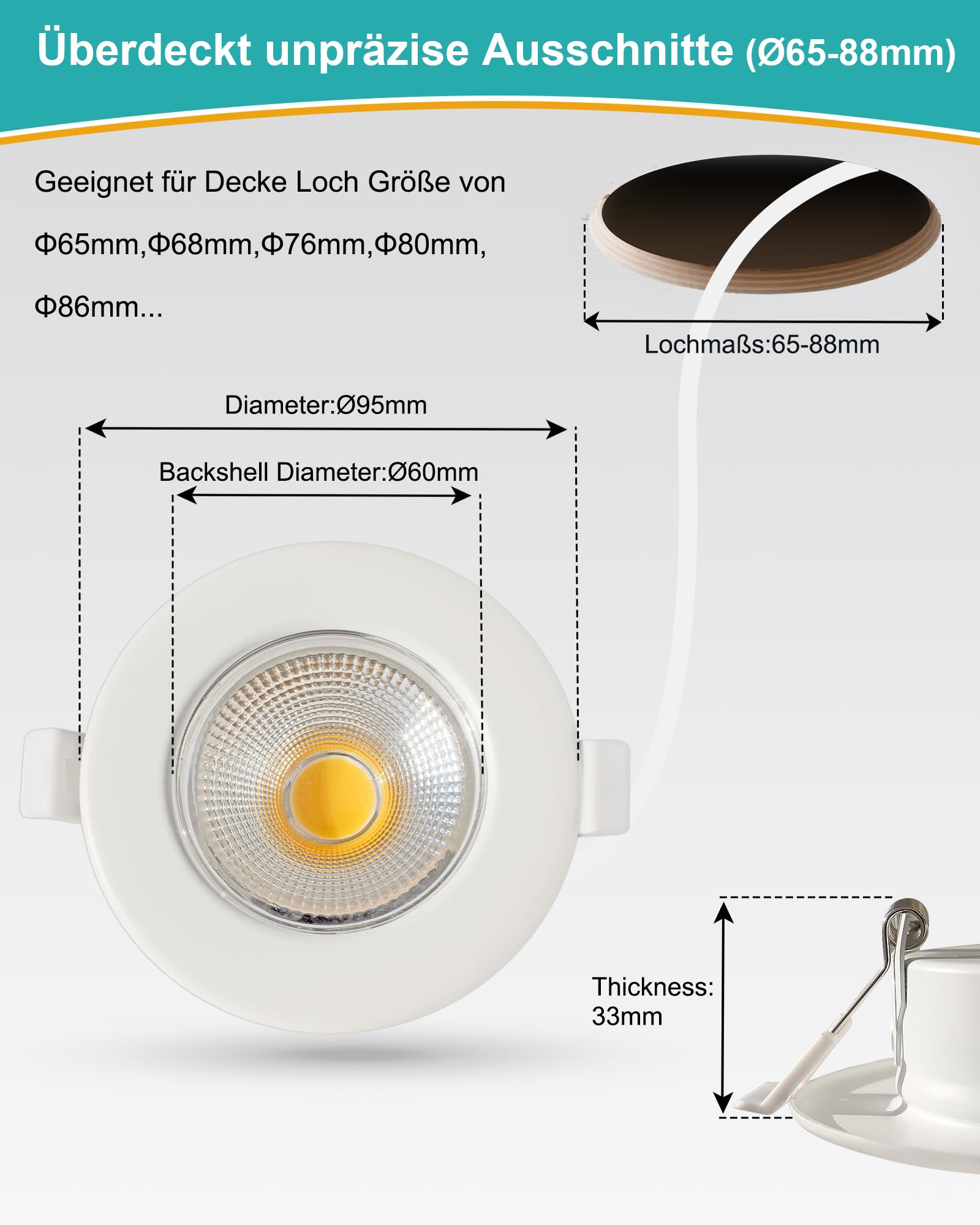 HiBay 8er Einbaustrahler LED COB Set 7W LED Spots 230V 65-85mm Lochmaß Rund Weiß Einbauspots 4000K Neutralweiß 600LM für Schlafzimmer Wohnzimmer Garderobe