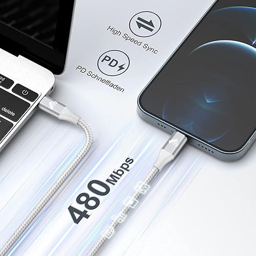 Miniatura 8 de Paquete de 2 cables cortos USB C a Lightning de 1 pie, cable cargador USB C para iPhone con certificación MFi, de nailon trenzado, de carga rápida