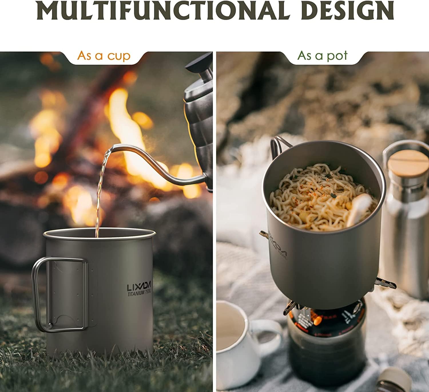 Lixada Titane Tasse mug Camping ultraléger Poignée pliable avec couvercle et sac de rangement extérieur Pot de titane (300ml-750ml en option), 750ML