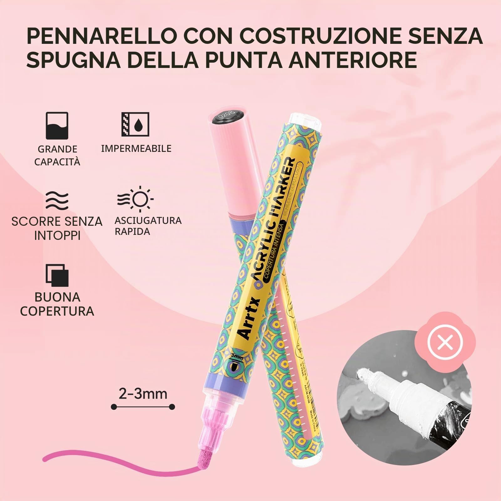Arrtx Pennarelli acrilici 48 colori, 3 mm, colore medio, atossico, ad asciugatura rapida per rock painting, legno, ceramica, tessuto, vetro, tela, plastica, metallo, pietra, fai da te