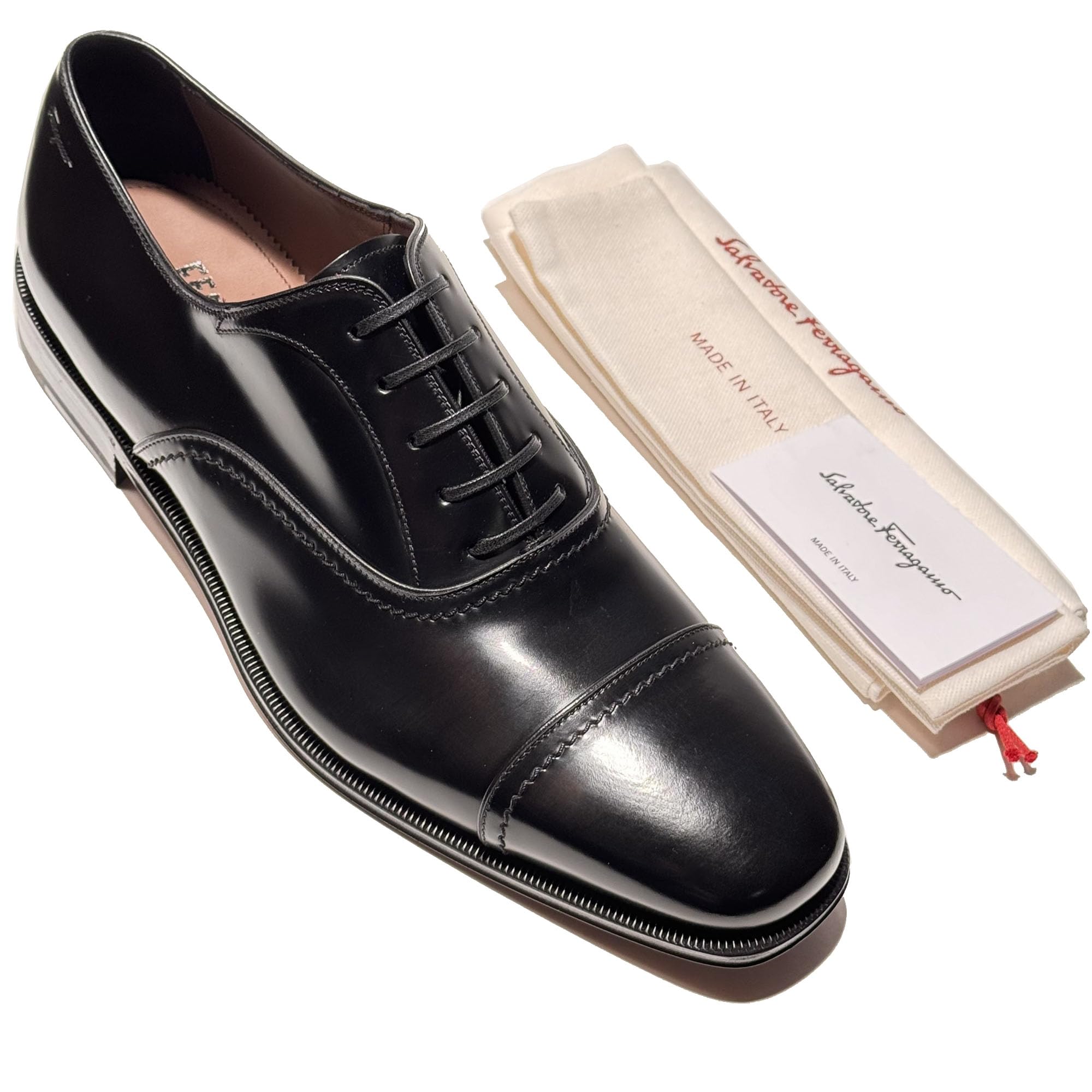 Ferragamo SEUL D Medium Leather Cap Toe Welted Oxford Formal Mens Black Dress Shoes Nero